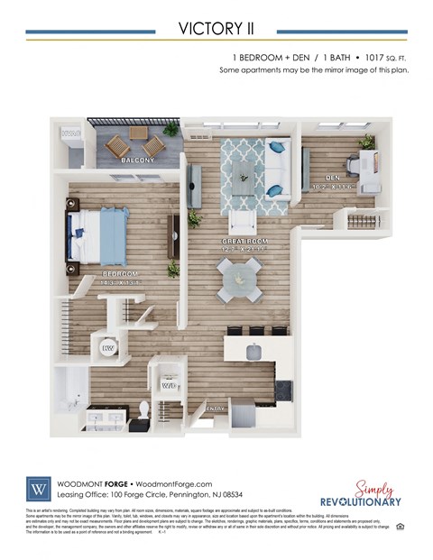 Floor plan for 1 bed, 1 bath, 1017 sqft